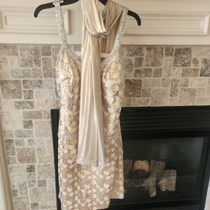 Musani Couture Gold and Cream Sequin Mini Dress with Draped Scarf